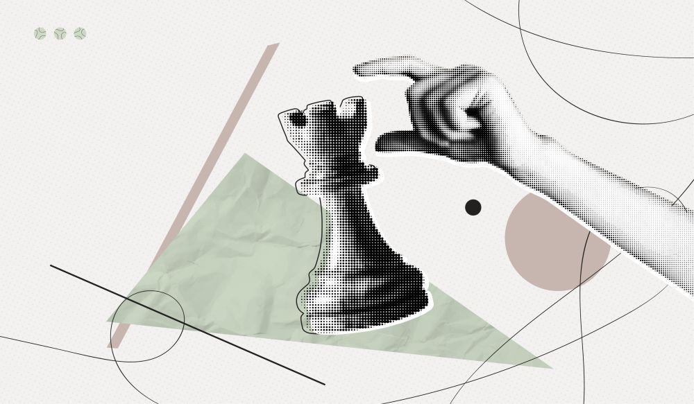 Collage hand holding chess piece.
