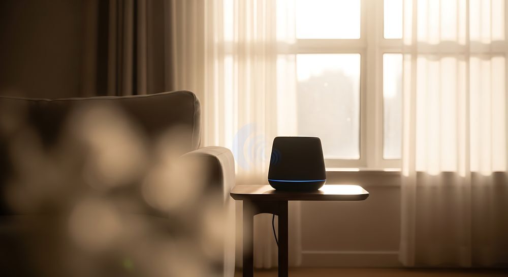 Smart Home Speaker on Table Warm Lighting Cozy Interior Modern Design.