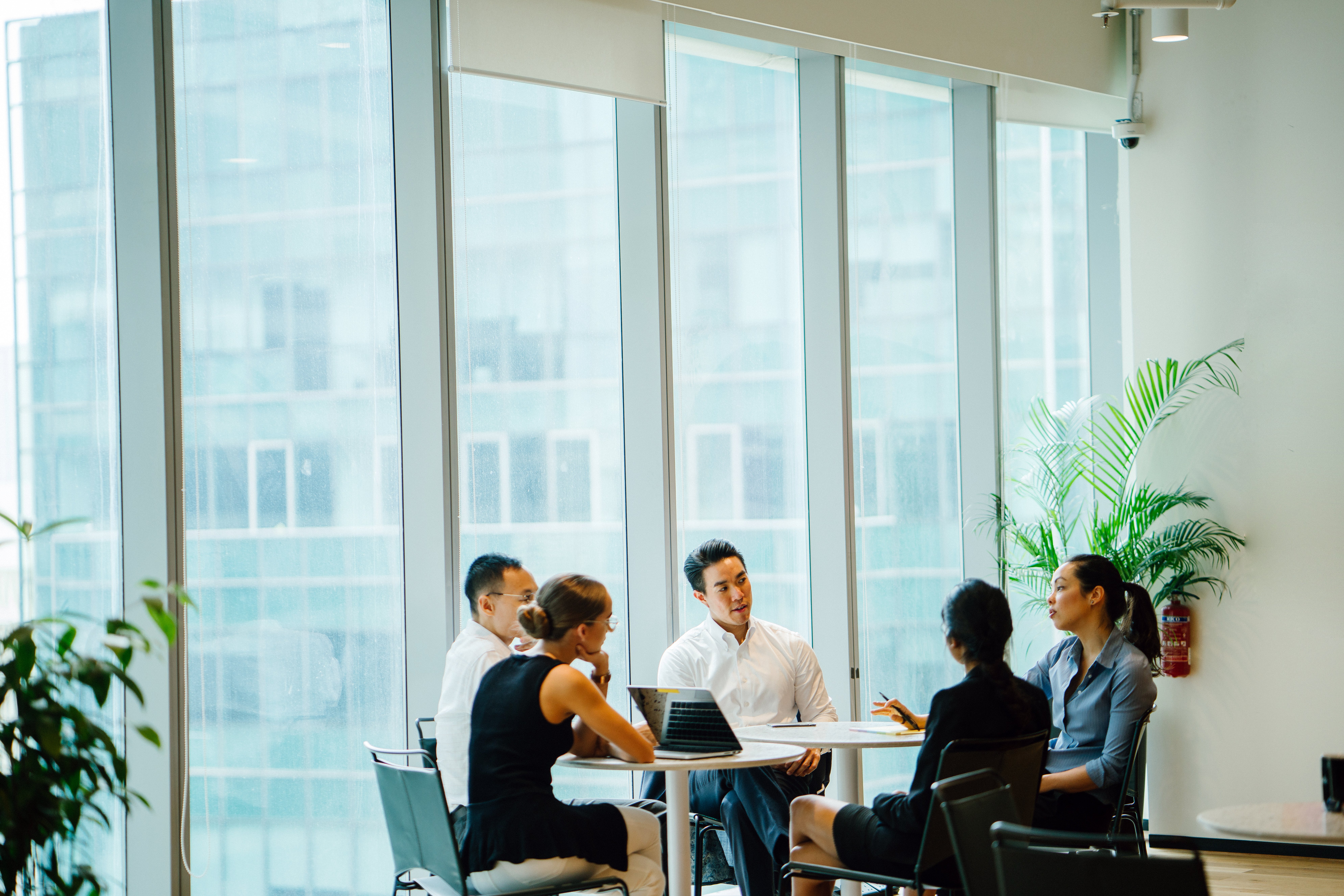 A diverse team sits around a table in a meeting room to have a business meeting to discuss plans