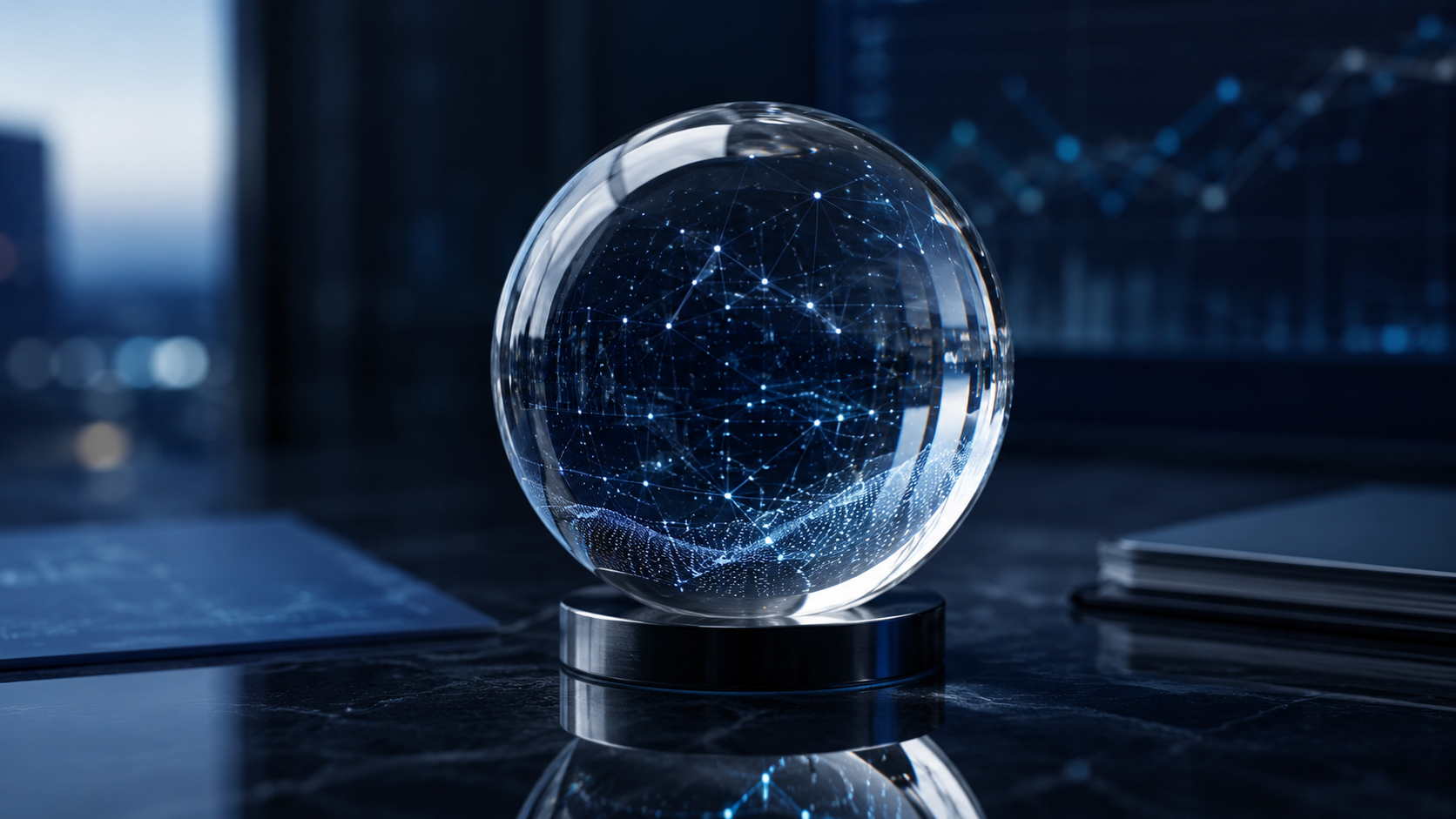 A glass crystal ball on a dark desk with glowing digital network lines inside