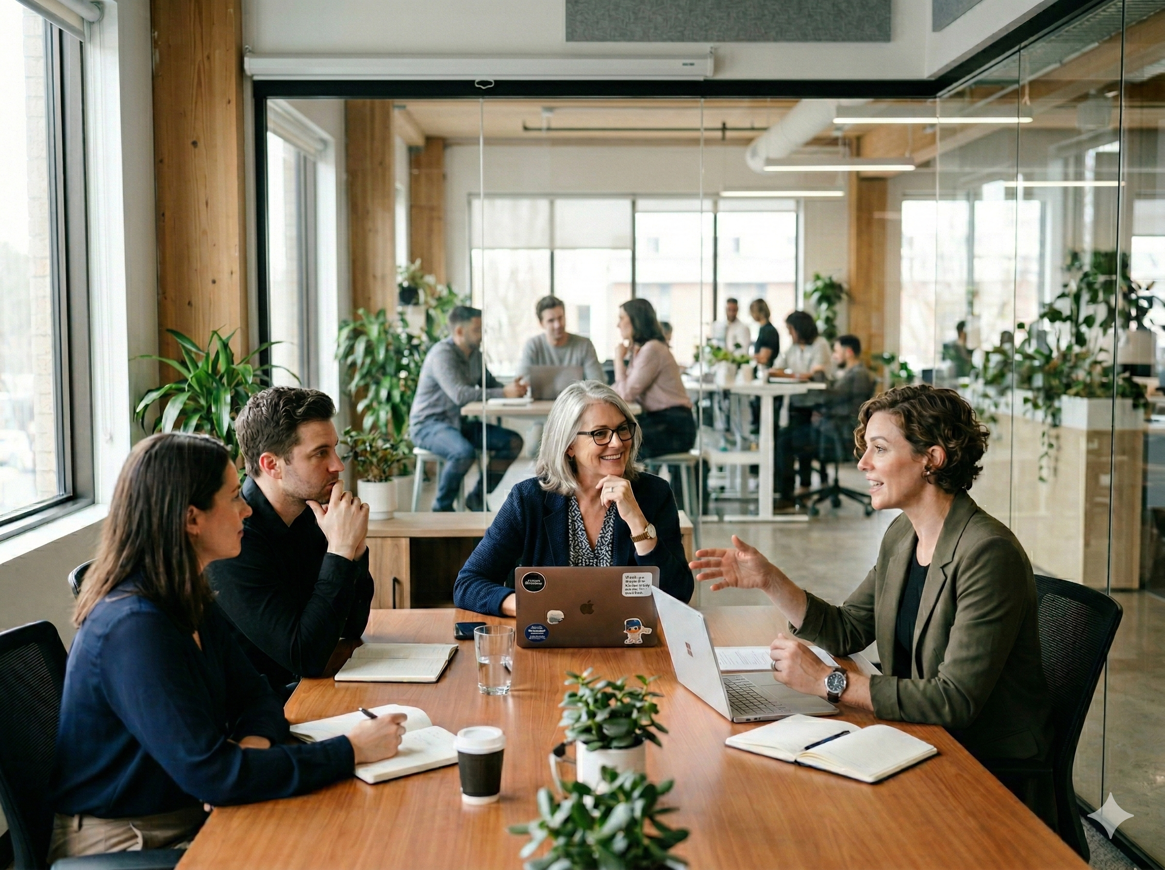 A team sitting in a meeting performance looking at quarterly business performance discussing AI adoption