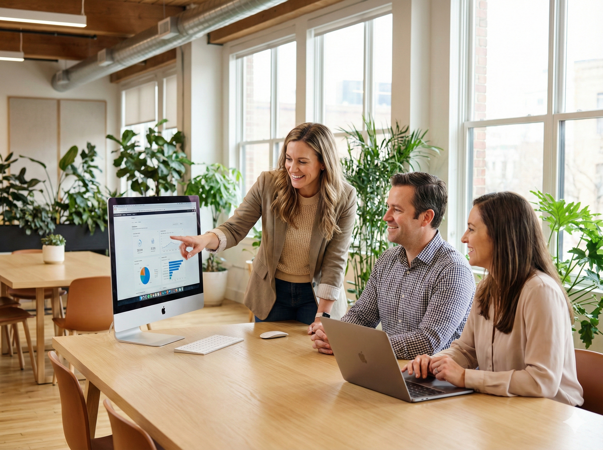 Consultants looking at a dashboard on their computer screen and in a discussion